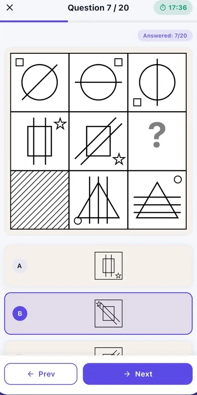 A test question: a grid of figures with one missing, and answer choices below