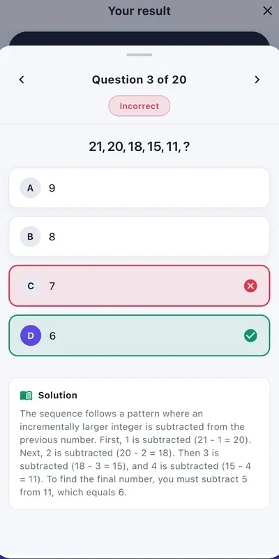 A solution screen explaining why one answer is right, step by step